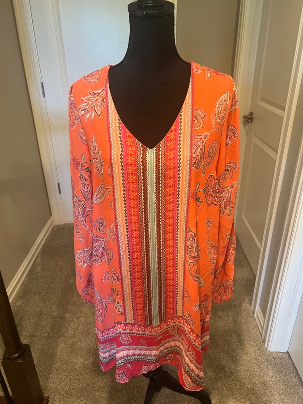 Cato Bright Orange Paisley V-Neck Tunic with Center Stripe